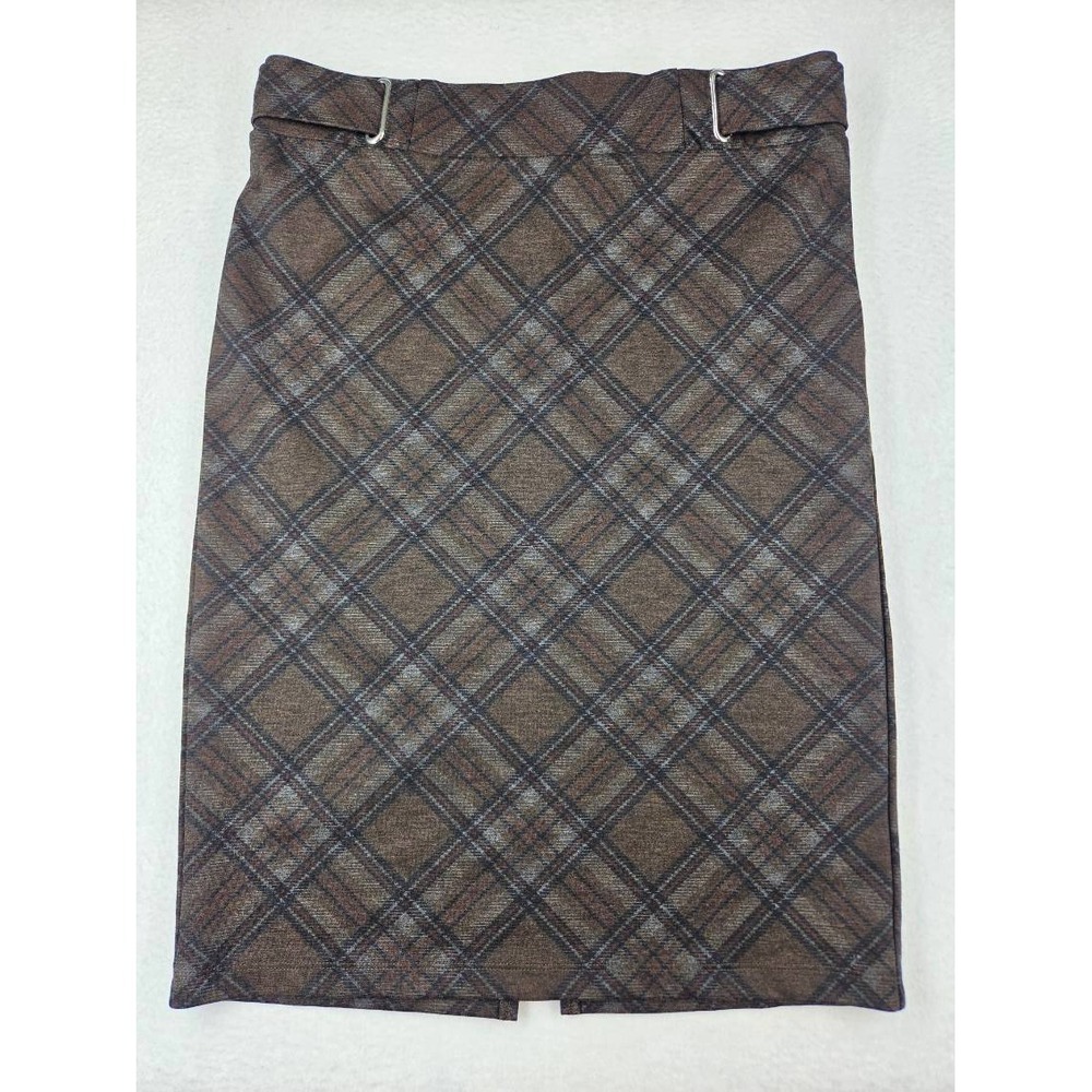 Messini Womens Brown Plaid Pencil Skirt Side Buckle Knee Length Size S 1173